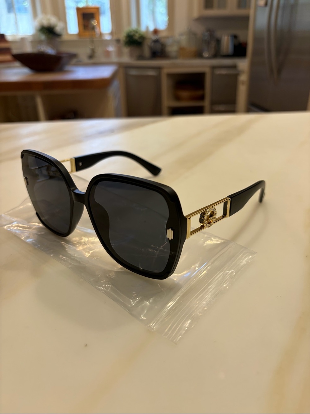 Black Oversized Square Sunglasses with Gold Trim